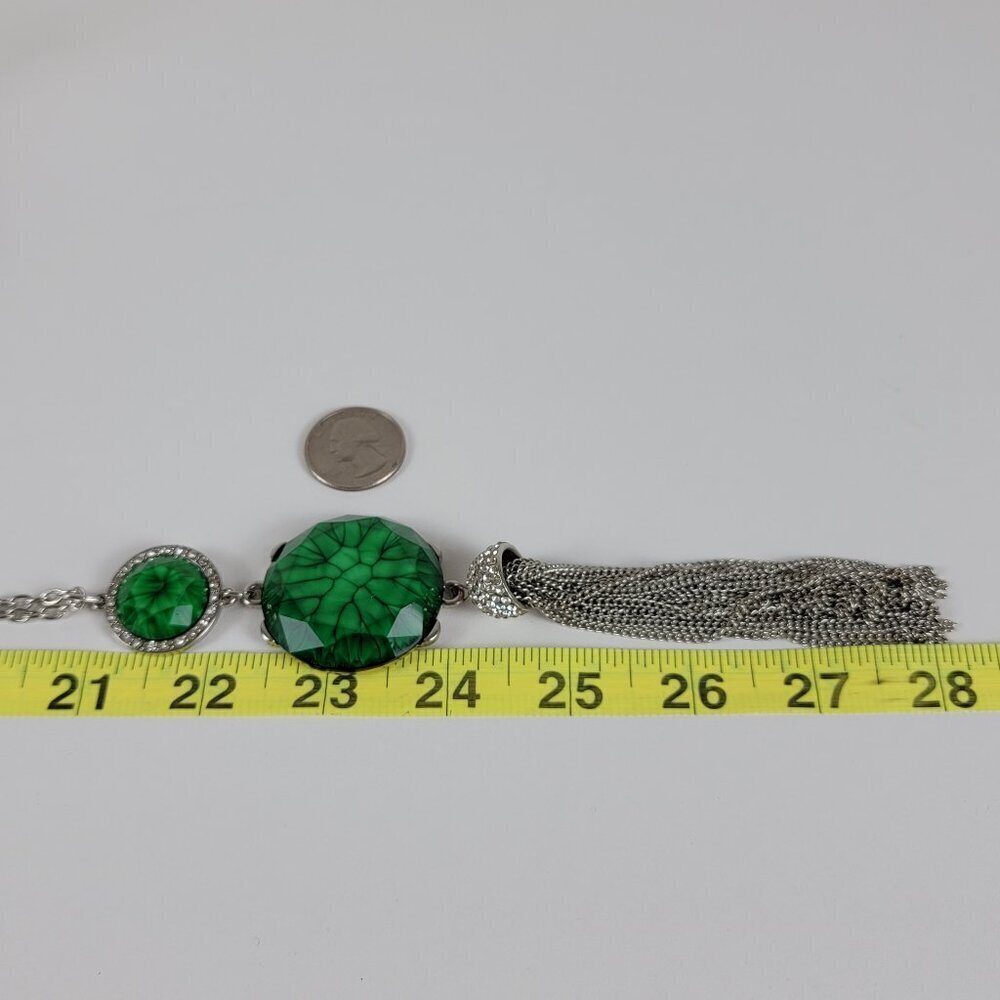Vera Wang Green Cabochon Clear Crystal Tassel Pendant Necklace 32 In Silver Tone - Picture 11 of 11
